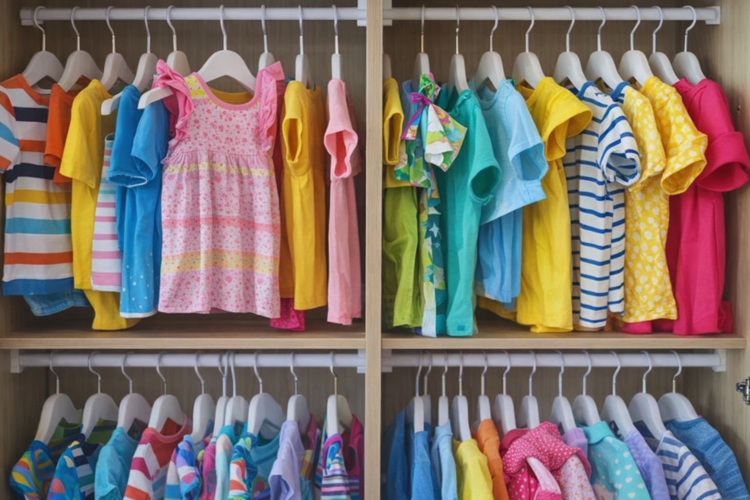 Vêtements colorés pour enfants suspendus dans une armoire organisée.
